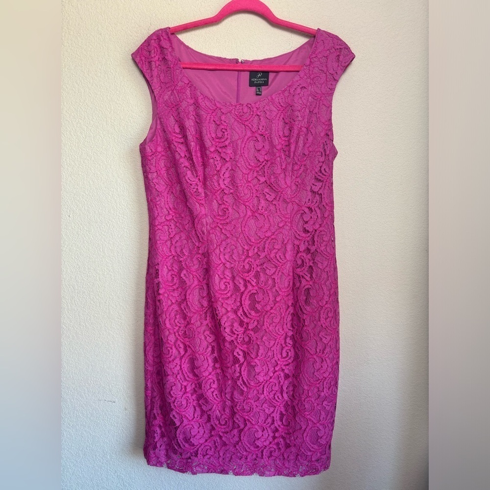Adrianna Papell Pink Lace Overlay Round Neck Cap Sleeve Sheath Cocktail Dress 14 - Picture 5 of 10